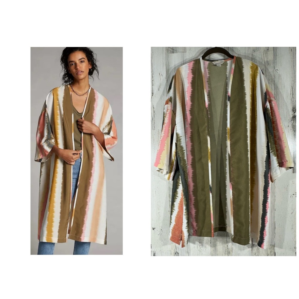 Mignon Doo Kimono Cardigan OS Olive Pink Abstract Stripe Open Front Boho Duster